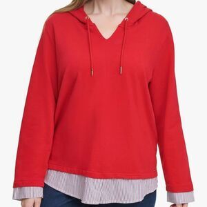 Tommy Hilfiger Red V-Neck Hoodie Stripe Trim Sweatshirt Size 1X